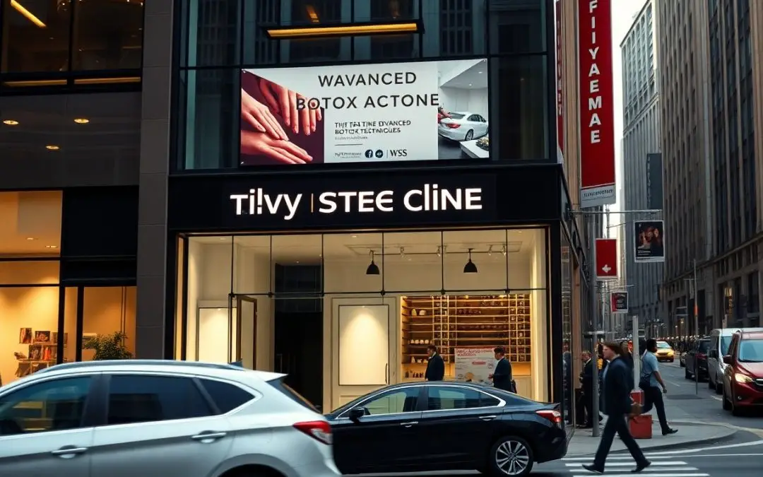 Modern Manhattan clinic exterior featuring signage promoting advanced Botox NY cosmetic treatments.